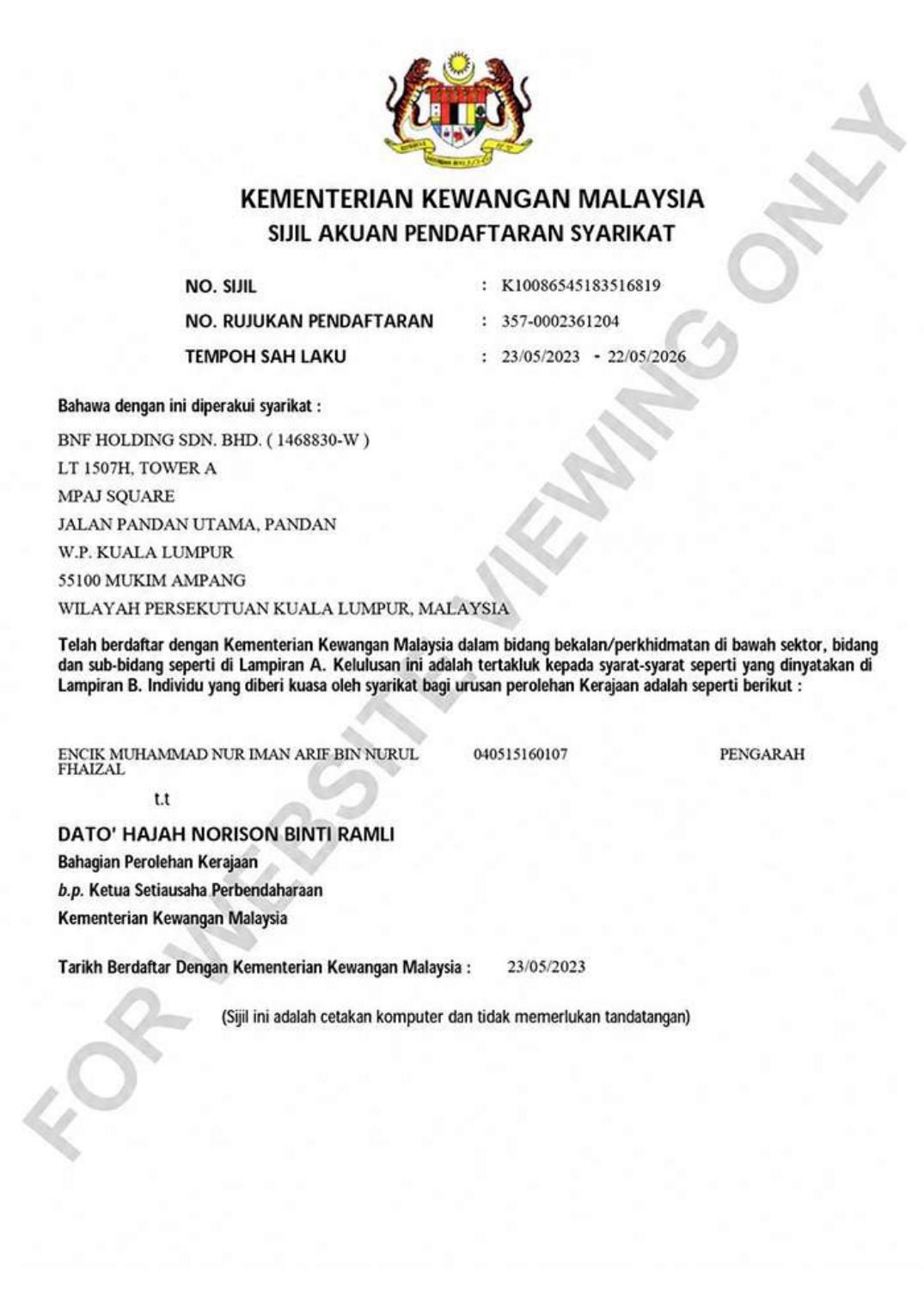 Akuan Pendaftaran Syarikat Kementerian Kewangan Malaysia (MOF) — BNF Holding Sdn Bhd
