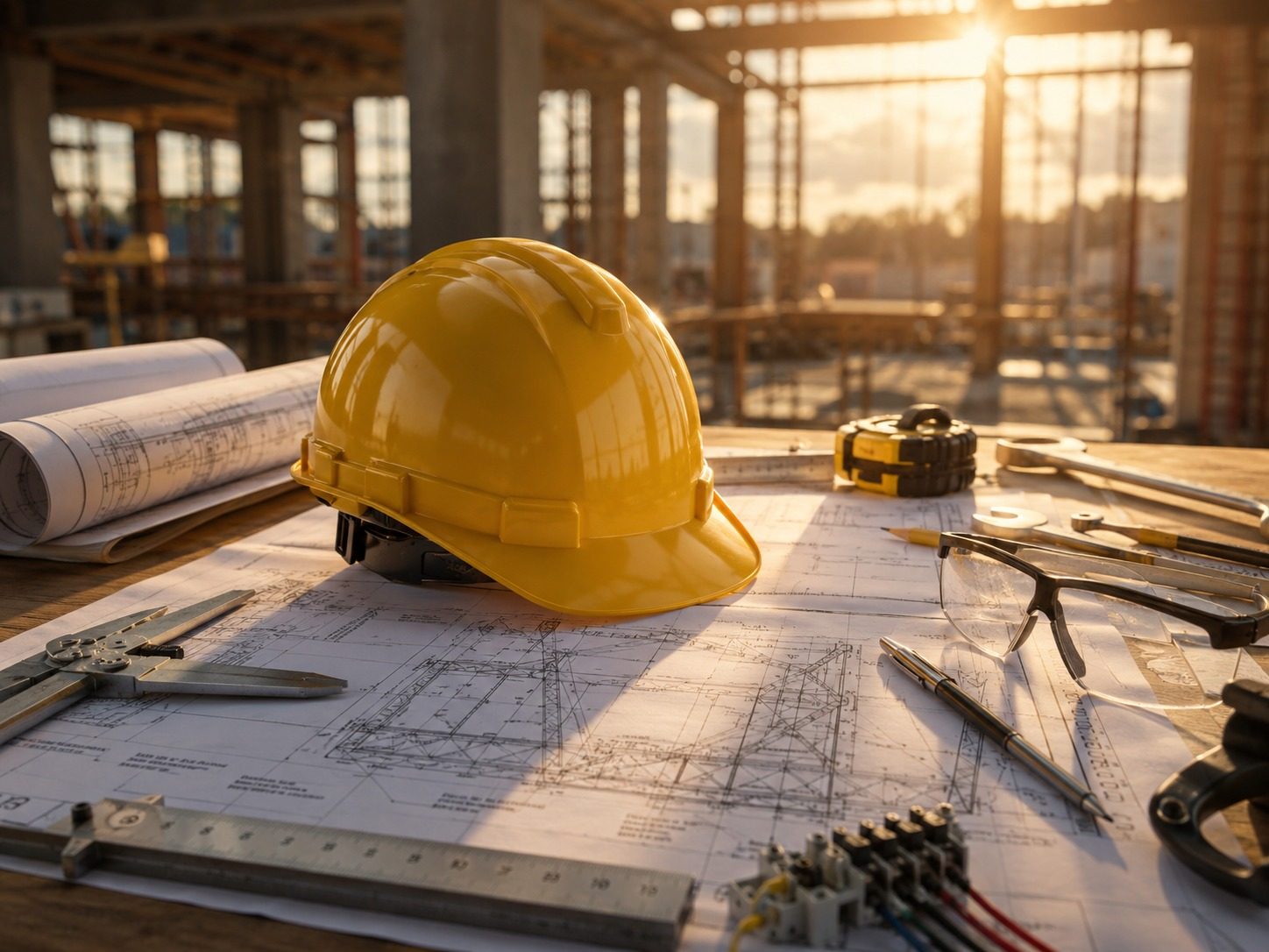 Engineering blueprints, hard hat and measuring tools on site at sunrise — BNF Holding project planning in Malaysia